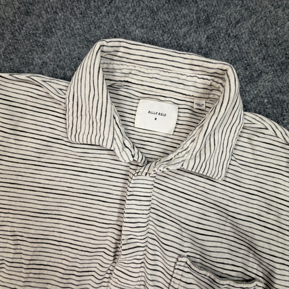 Billy Reid Mens Medium Polo Shirt Stripe Short Sleeve Pocket Cream Navy 0824